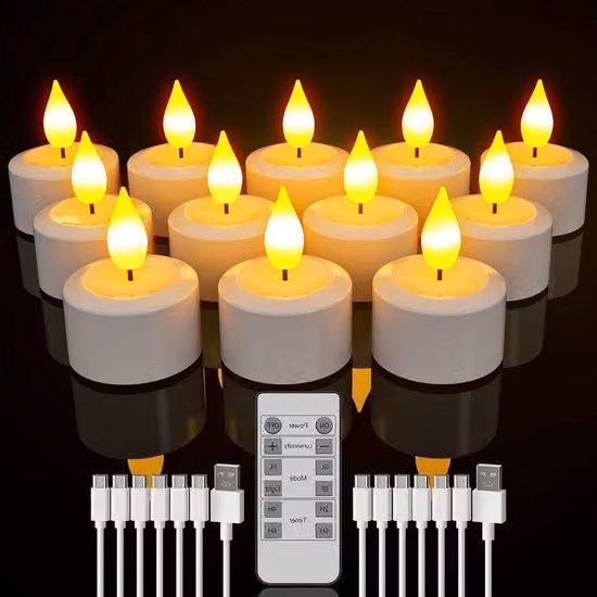 Ghirlande luminose a LED – Candele telecomandate con timer e cavo di ricarica USB – 12 pezzi, identiche a quelle vere, per la camera da letto, l'illuminazione degli ambienti, le decorazioni di Halloween e Natale