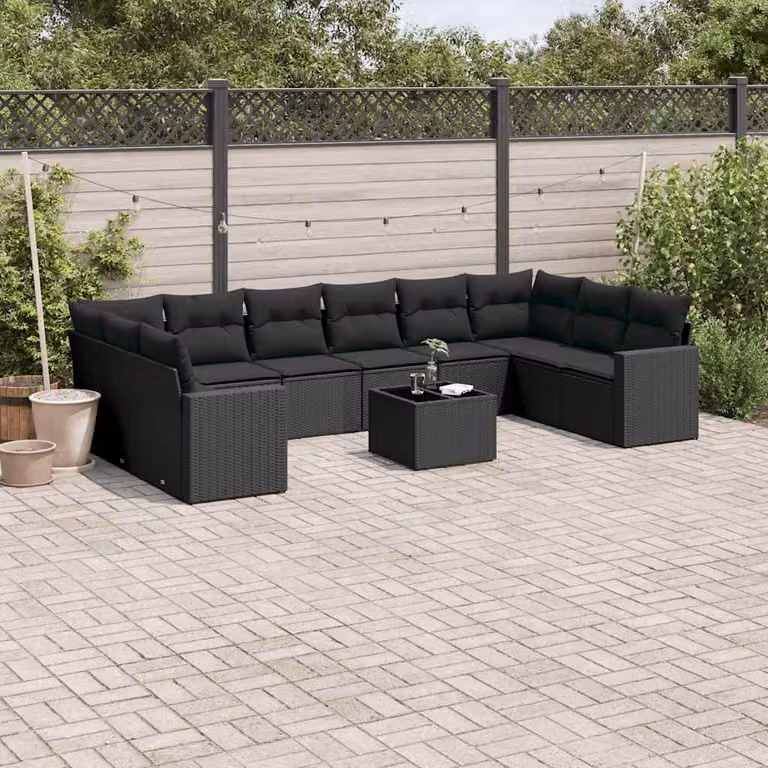 vidaXL Set Divani da Giardino 11 pz in Polyrattan Nero con Cuscini e Tavolino da Esterno