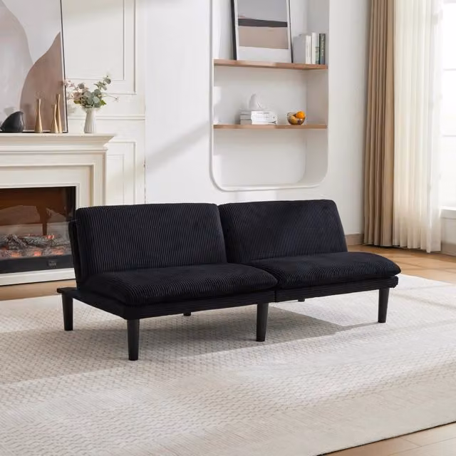 Divano letto WISHDOR a 2 posti nero in velluto o velluto a coste con struttura in legno massiccio e funzione clic-clac per soggiorno