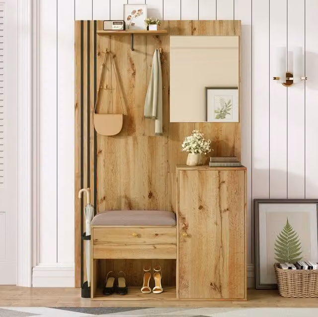 Guardaroba da ingresso 115x37x185 cm naturale MDF, specchio e seduta imbottita
