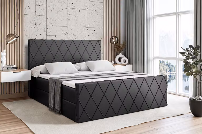 Letto boxspring ALTDECOR con pediera, materasso H4 e topper - 140x200 cm - LEPARO-Z - Pelle finta nera - Letto imbottito con contenitore e rete a doghe, letto con spazio contenitivo