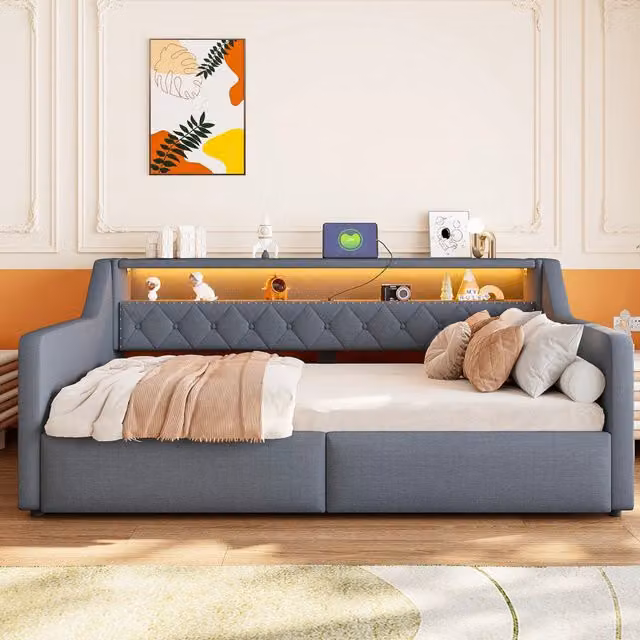 Letto singolo 90 × 200 cm con vano contenitore idraulico LED USB e tipo C in lino e MDF grigio