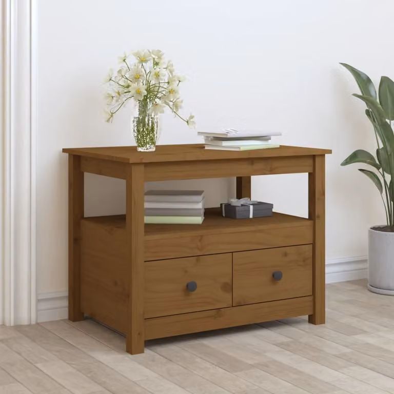 The Living Store Tavolino da salotto marrone miele 71x49x55 cm in legno di pino massiccio