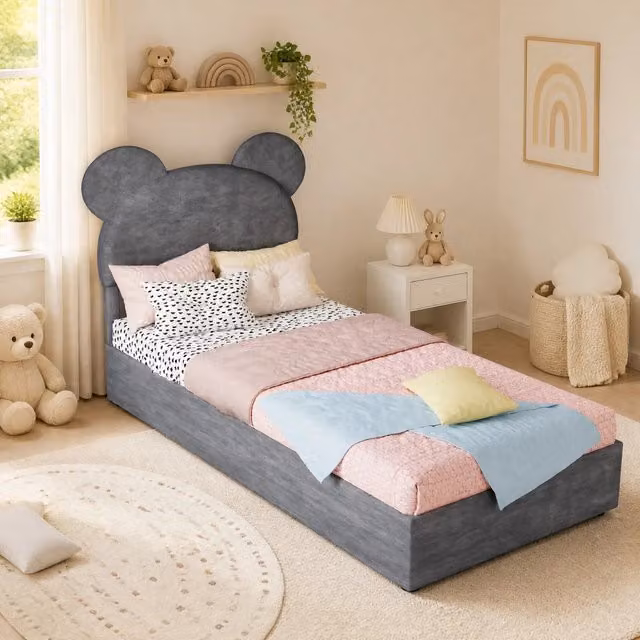 Letto imbottito 90x200 cm con testiera cartoon e contenitore a sollevamento, grigio