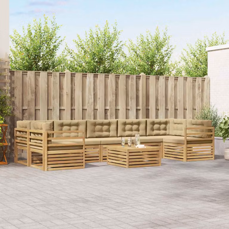 Set di divani da esterno vidaXL 8 pz in legno di acacia con tavolino e cuscini, Bianco e Beige
