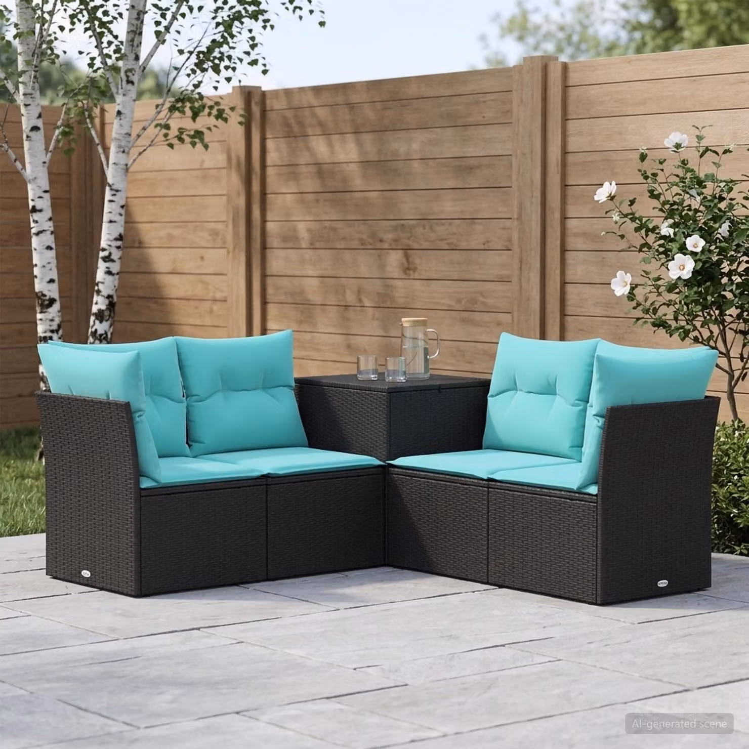 Set di divani da giardino vidaXL a forma di L con poltrona e cuscini, colore nero e blu turchese, in rattan sintetico e metallo