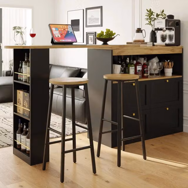 Set da bar Mivray composto da tavolo da cucina contenitore e 2 sgabelli in MDF e metallo nero con finitura effetto legno