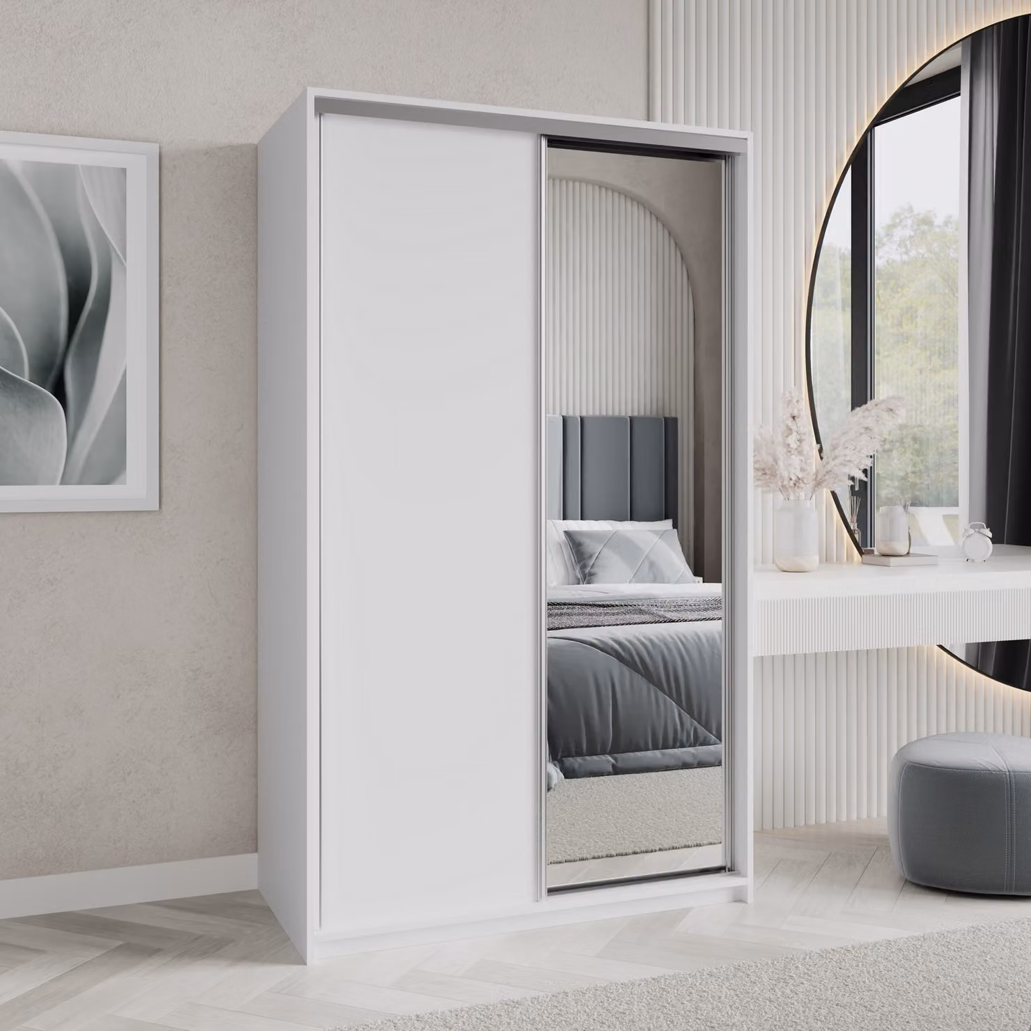 Armadio scorrevole Masseno TAVI 120/205/60 cm Armadio con cassetti Armadio per camera da letto a 2 ante con specchio Bianco + satinato