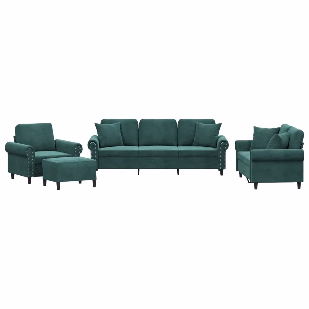 Set di divani moderno vidaXL in velluto verde composto da divano a 3 posti, divano a 2 posti, pouf e cuscini – 2