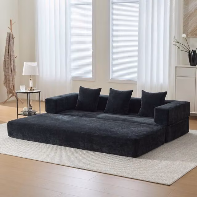 Divano modulare trasformabile in letto 198x79 cm in ciniglia nero HOMVRA