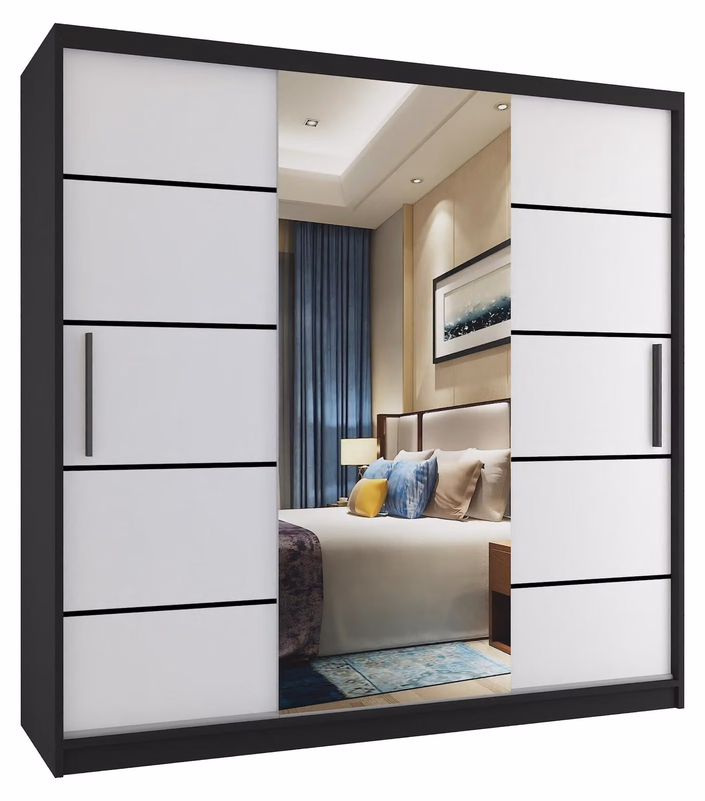 BELINI Verona, armadio scorrevole da 200 cm, nero/bianco opaco - armadio con specchio e 4 cassetti, ideale per la camera da letto