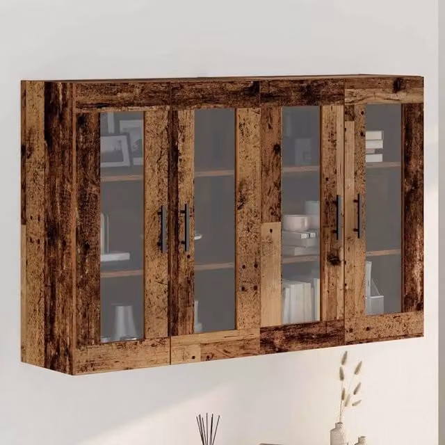 Set di 2 armadi da parete vidaXL in legno rustico marrone con ante in vetro e ripiani interni L/P/H: 69,5 x 34 x 90 cm