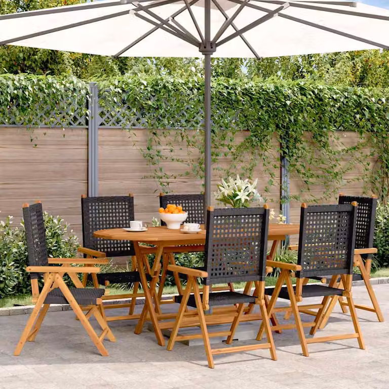 Set di 6 sedie pieghevoli reclinabili vidaXL in polyrattan nero e legno di acacia oliato con cuscini e braccioli