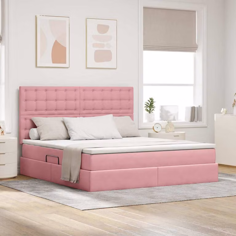 Letto con contenitore e materasso vidaXL in velluto rosa con base a sollevamento, L/P/H: 180 x 200 x 88 cm