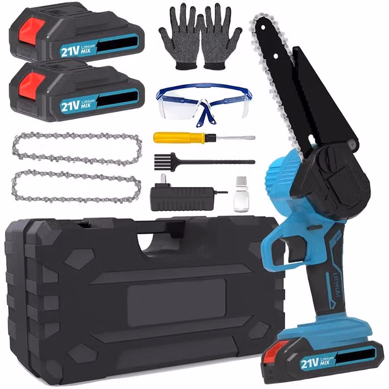 Mini motosega, funzionamento a batteria, design leggero, 2 batterie, spina di tipo EU