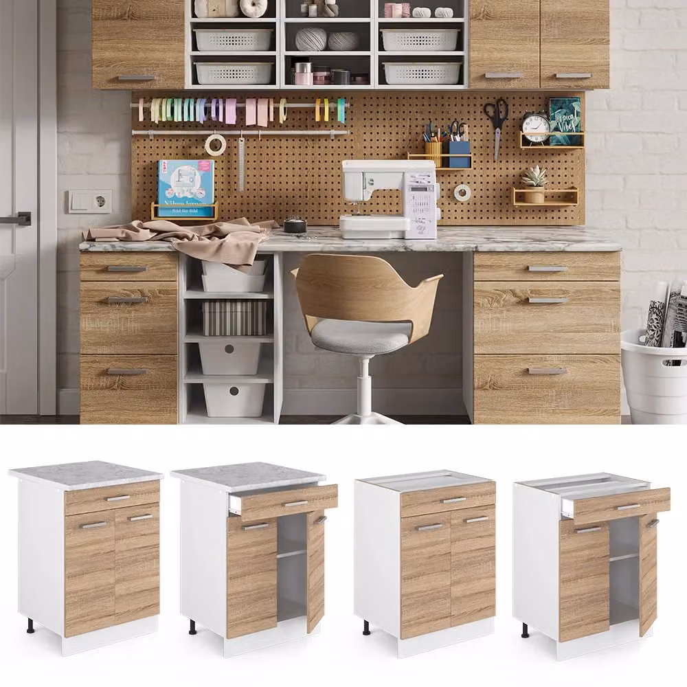 Base cucina universale R-Line Sonoma Vicco con cassetti e ante, marrone, L: 60 cm, H: 81,6 cm, P: 28,6 cm – 2