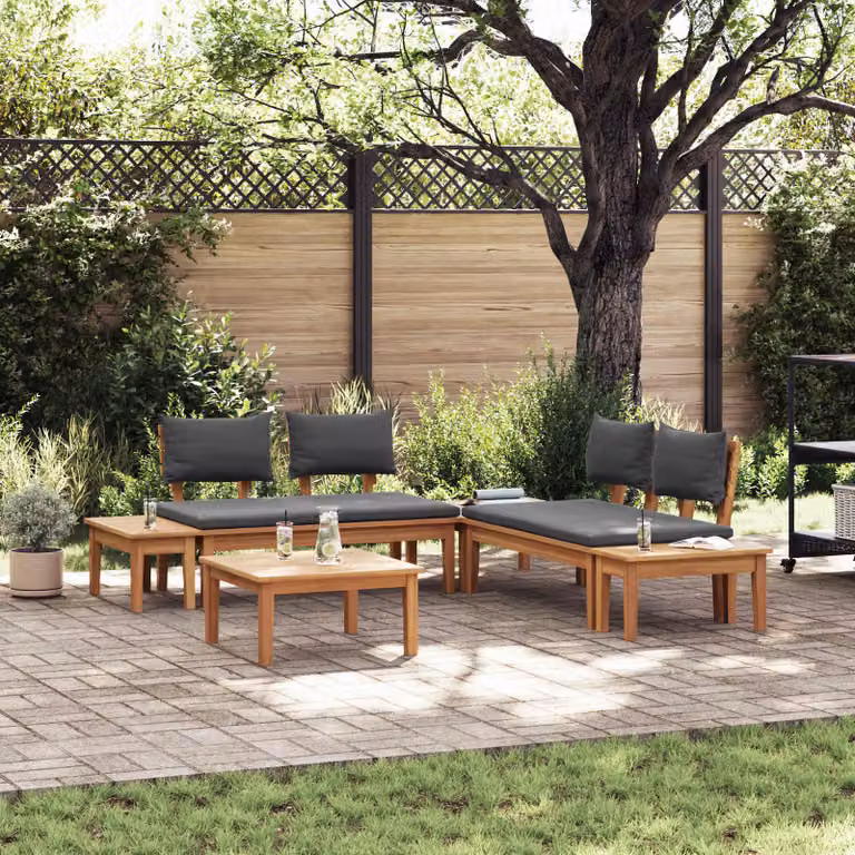 vidaXL Set Divano da Giardino a L in Legno di Teak Marrone e Grigio con Cuscini