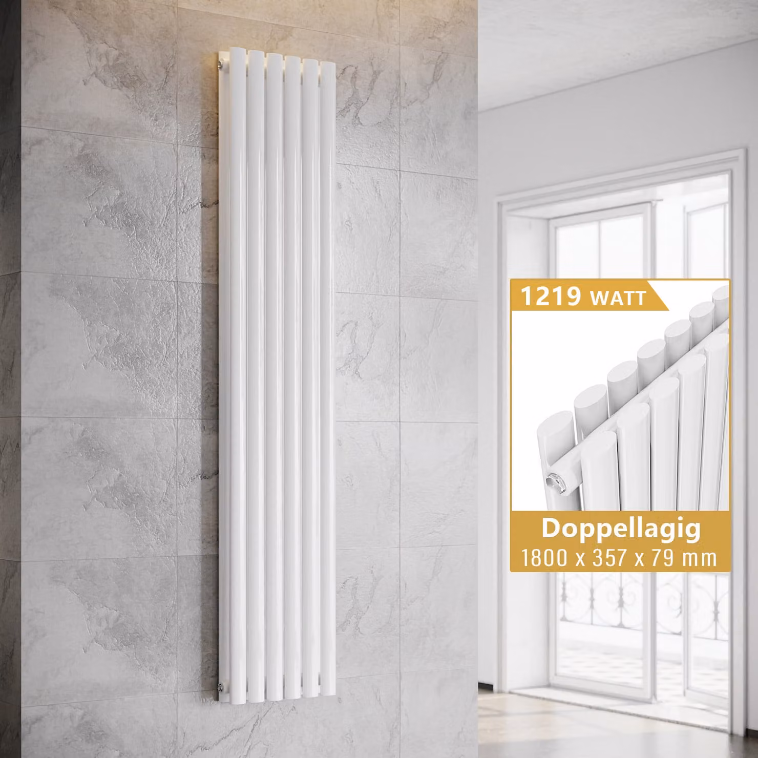 SONNI Radiatore a piastre verticali, radiatore a tubi a doppio strato, colore bianco, dimensioni 1800x357 mm, senza resistenza riscaldante