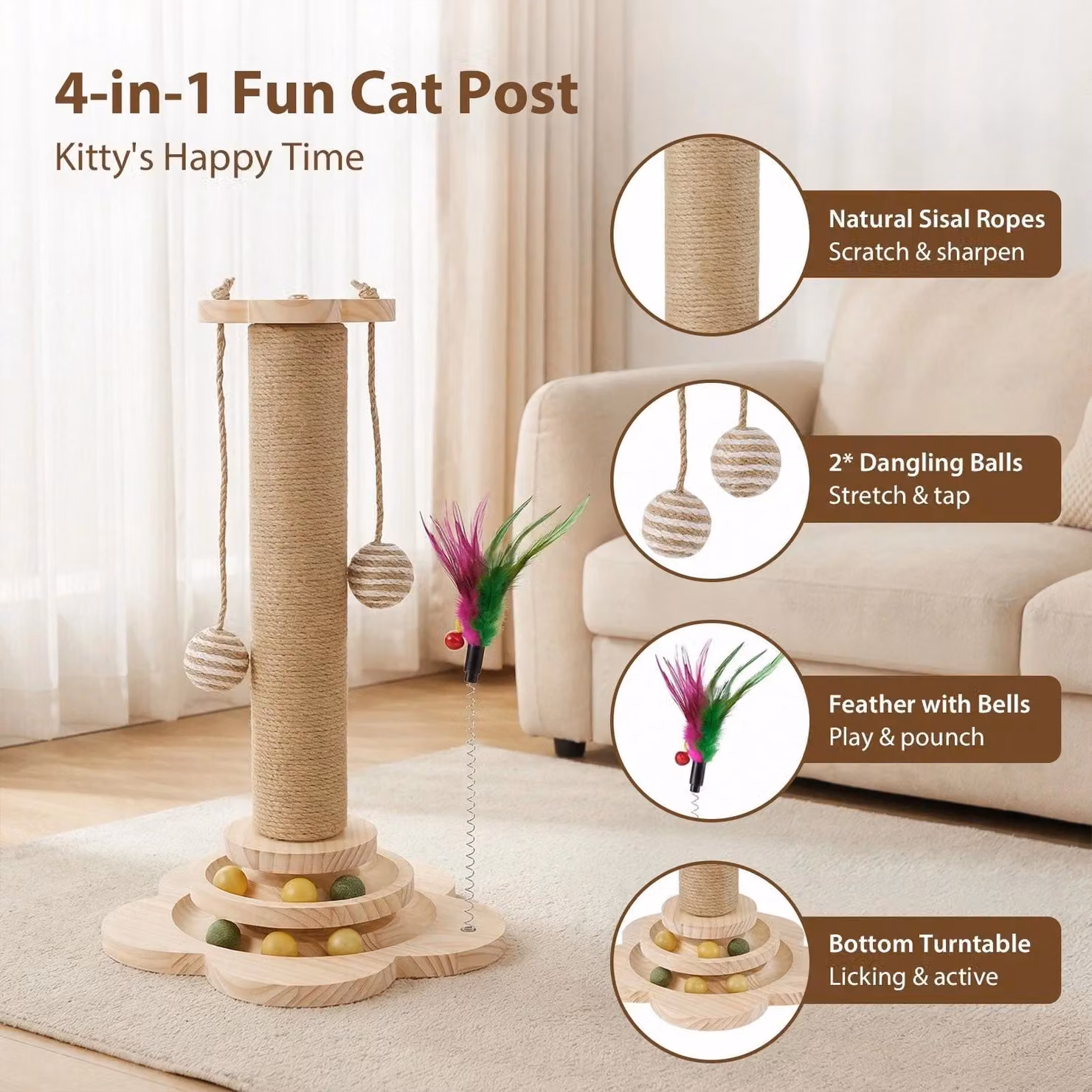 Albero per gatti in juta naturale - Tiragraffi per gatti - Altezza 46 cm - Palline rotolanti interattive - Palline con piume - Piattaforma di gioco