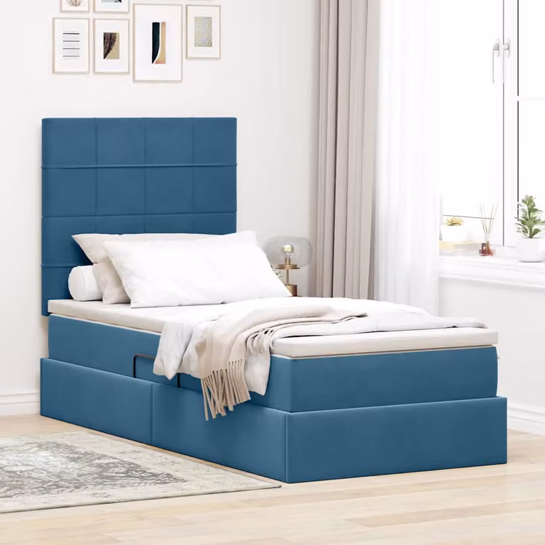 Letto con contenitore e illuminazione LED vidaXL in velluto blu, L: 90 cm, P: 200 cm, H: 128 cm