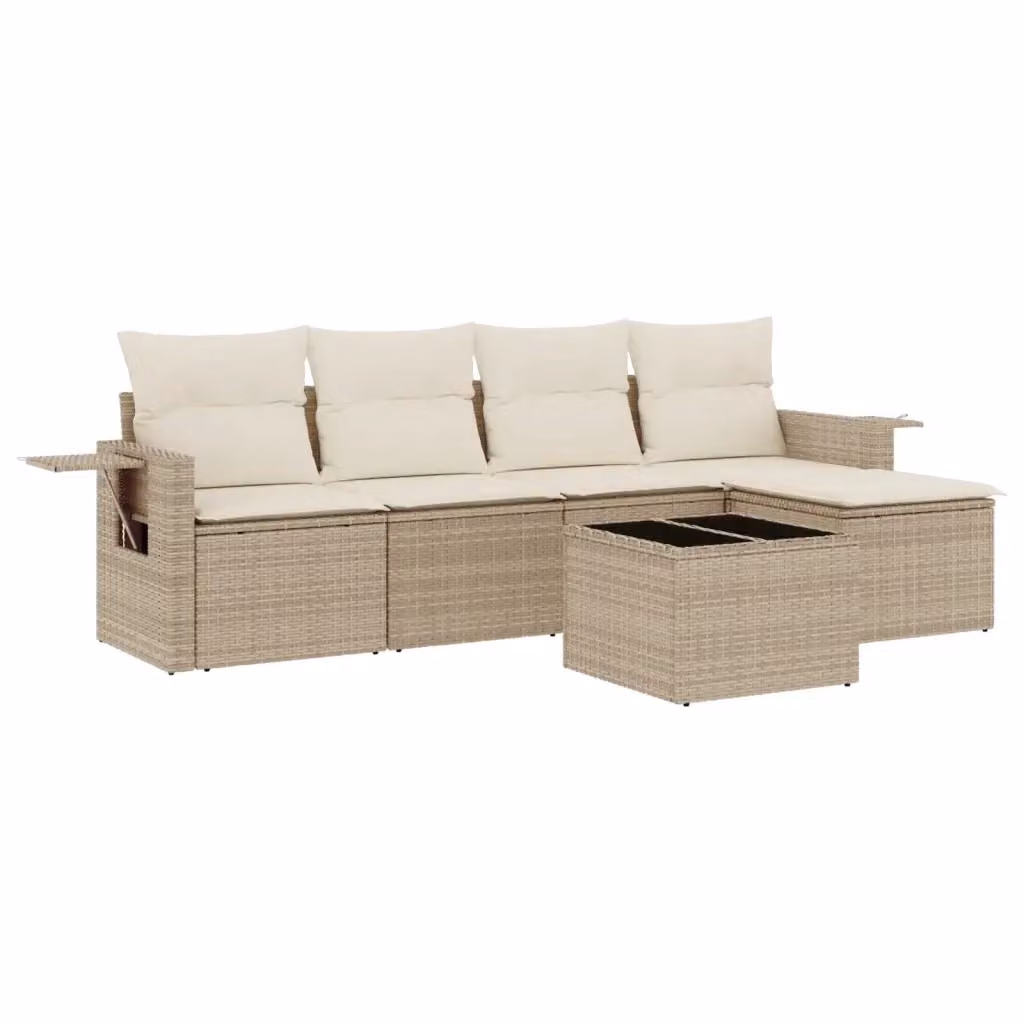 vidaXL Set Divano da Giardino 6 pz a Forma di L in Polyrattan Beige con Cuscini e Tavolino – 2