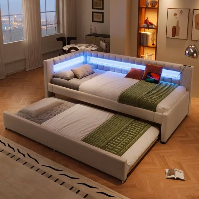 Letto divano estraibile 90 × 200 cm con LED, USB e Type-C, secondo letto 90 × 190 cm, senza materasso, in lino beige