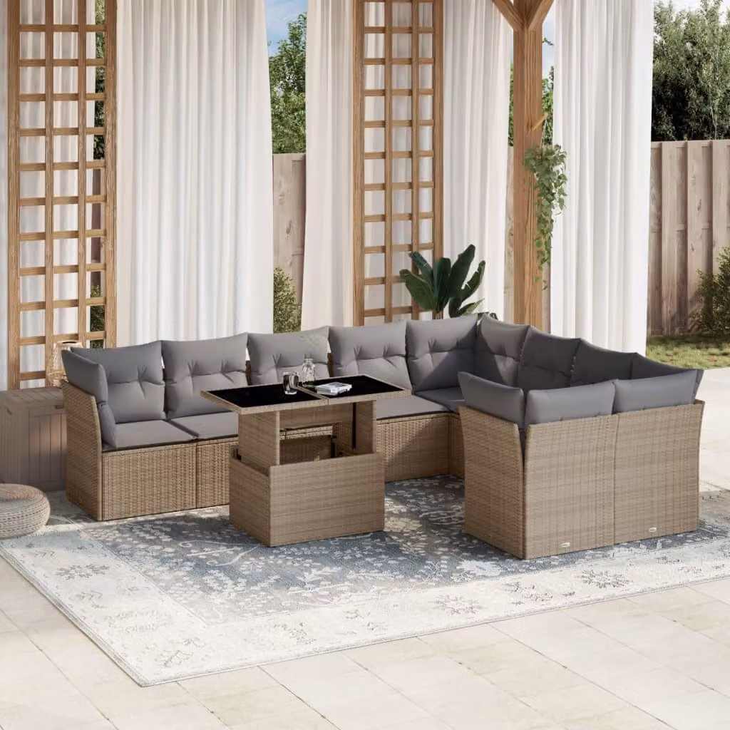 vidaXL Set Divano da Giardino 10 pz a forma di U con Cuscini Beige e Tavolino in Polyrattan e Acciaio – 1