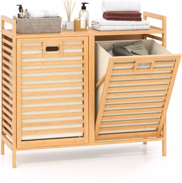 Cesto della biancheria a ribalta Outsunny in bambu marrone con 2 cestini rimovibili da 75 L, L/P/H: 72 x 80 x 30 cm
