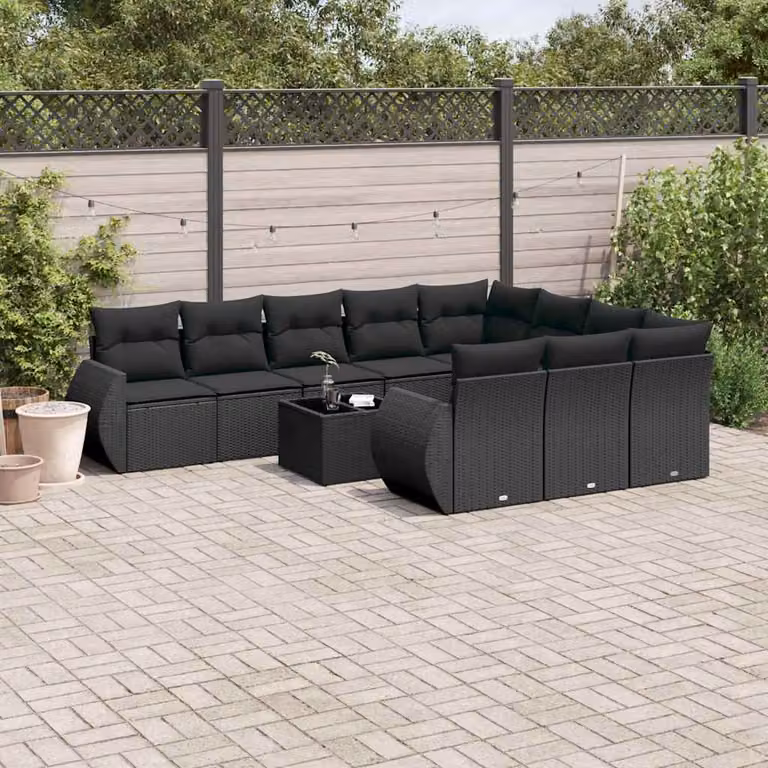 vidaXL Set Divani da Giardino 11 pz a Forma a U con Cuscini e Tavolino Nero