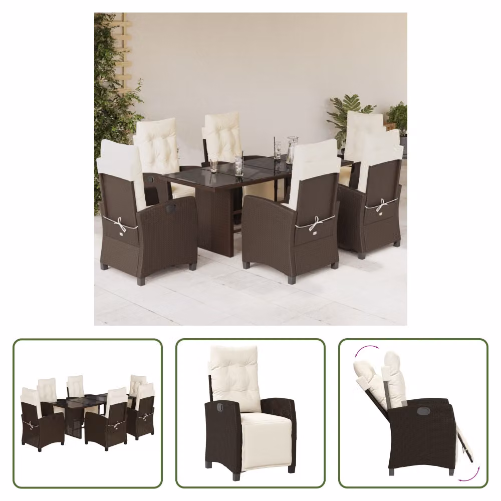The Living Store Set da pranzo da giardino 7 pezzi con cuscini in polirattan marrone