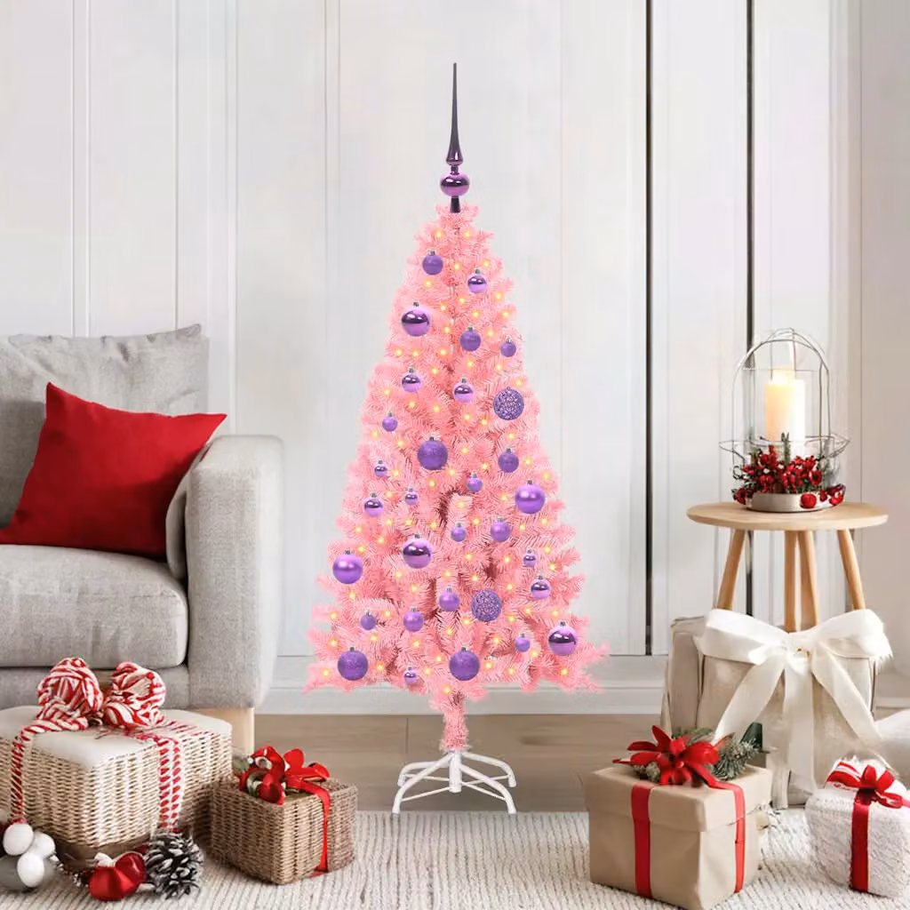Albero di Natale moderno vidaXL rosa con luci LED bianco caldo in PVC, Altezza: 120 cm