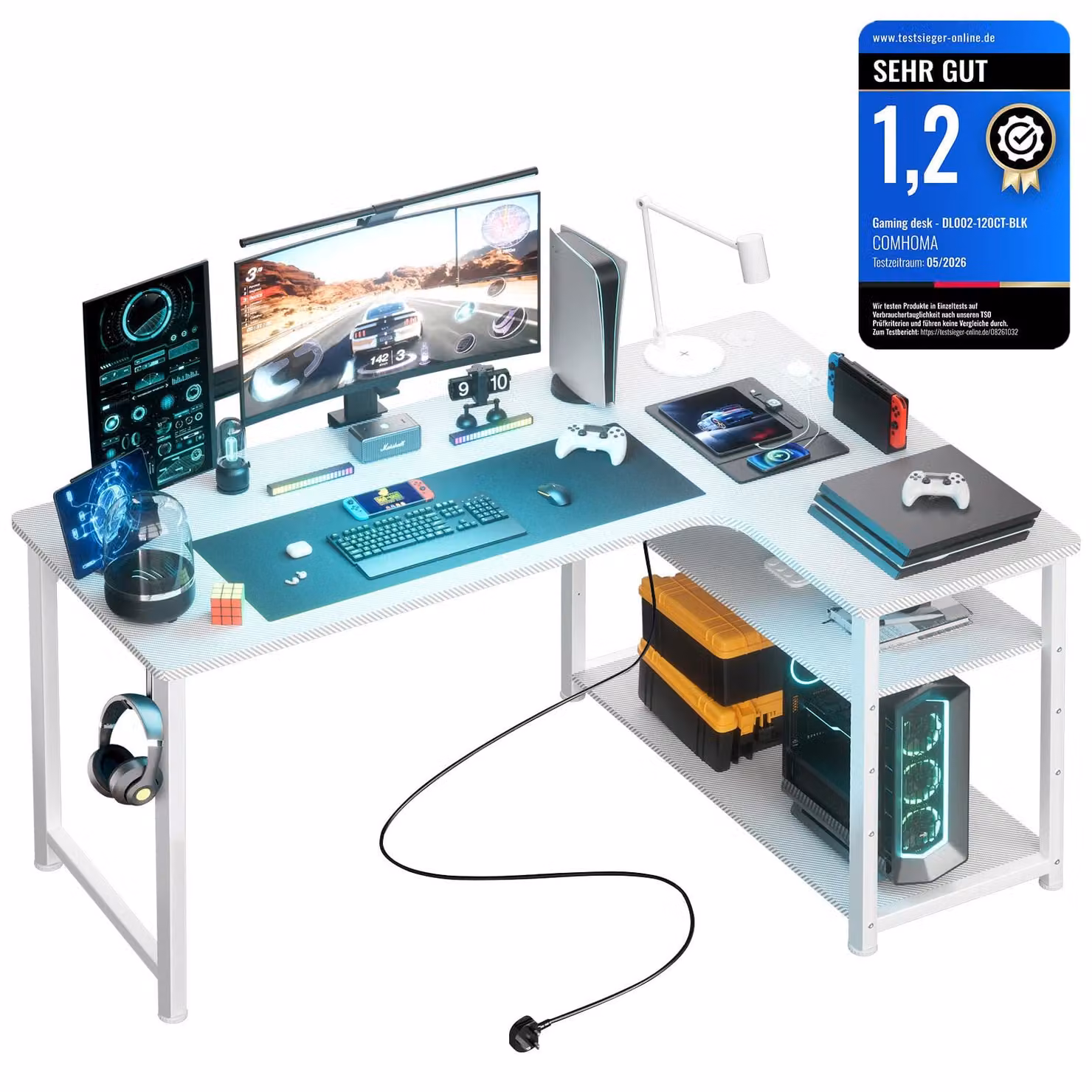 GTPLAYER Scrivania angolare da gaming con mensola, porta USB e presa di corrente (1 pezzo), scrivania per computer a L da 130 cm, scrivania per PC da ufficio,