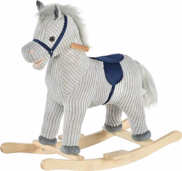 Cavallo a dondolo in peluche HOMCOM con suoni, Grigio, H 64 cm x L 73 cm x P 35 cm