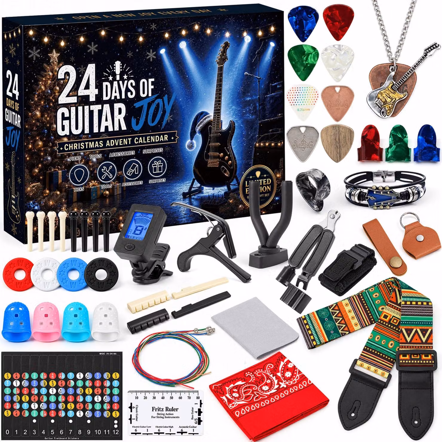 Calendario dell'Avvento a tema chitarra 2026, 24 accessori, colore verde