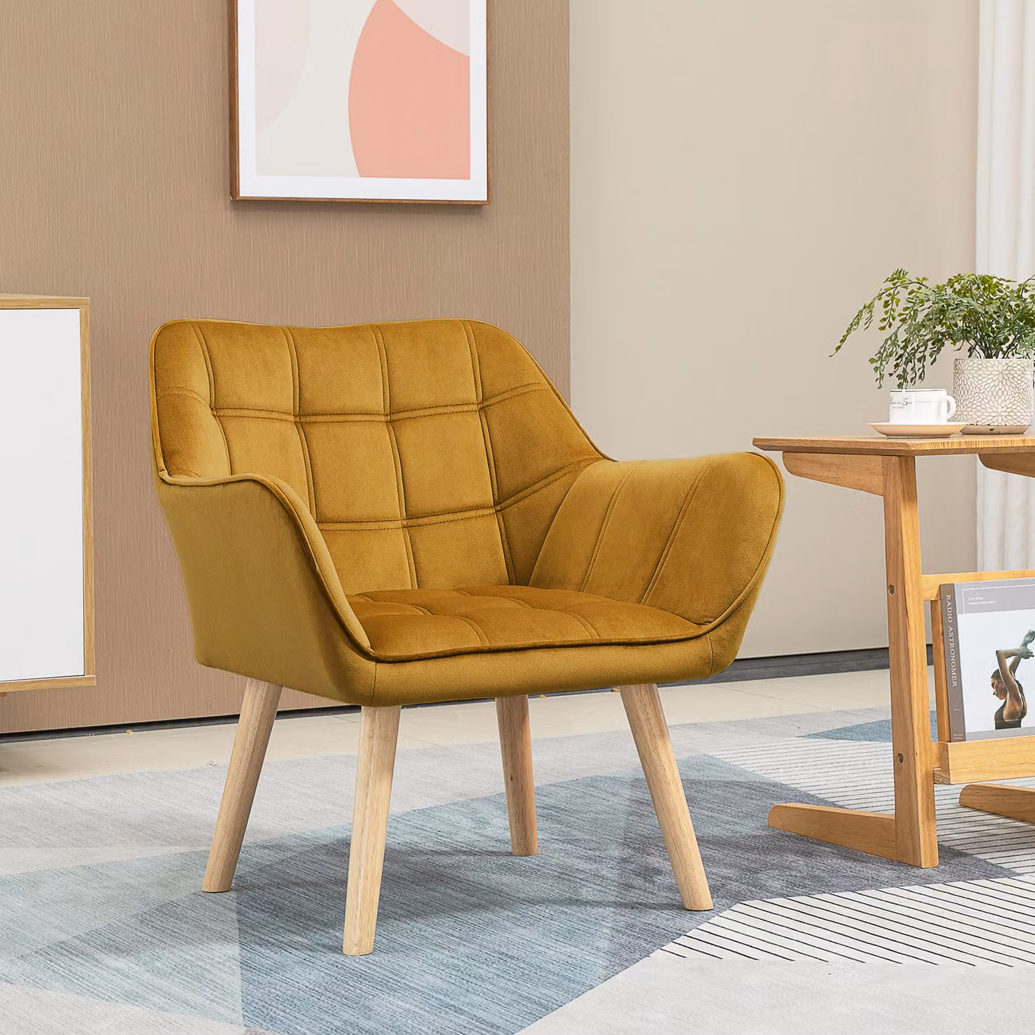 Poltrona da Accento Imbottita HOMCOM in Velluto Giallo con Design Scandinavo e Gambe in Legno di Gomma – 2