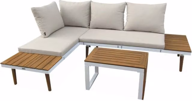 Salotto da giardino in alluminio e acacia, 4 posti, bianco