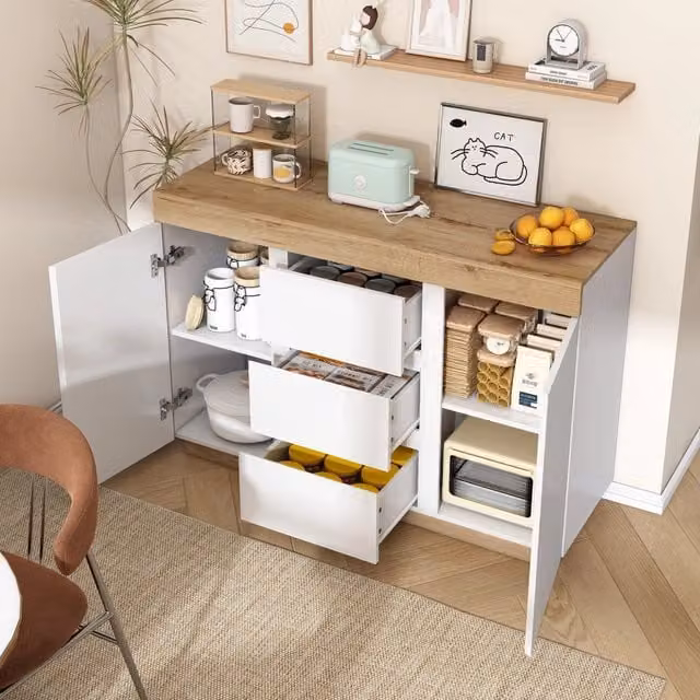 Cassettiera con 3 cassetti e 2 ante ¨C Minimal ¨C Bianco effetto rovere, legno E1, per camera e soggiorno