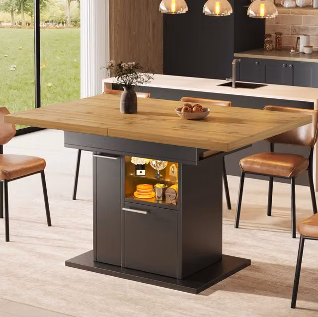 Tavolo da pranzo allungabile 110-140x80x77.2 cm con spazio contenitivo e luci LED in MDF nero