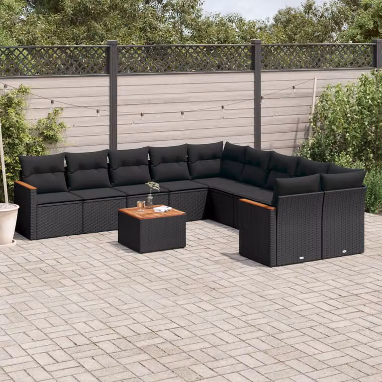 vidaXL Set Divani da Giardino 11 pz in Polyrattan Nero con Cuscini e Tavolino da Esterno
