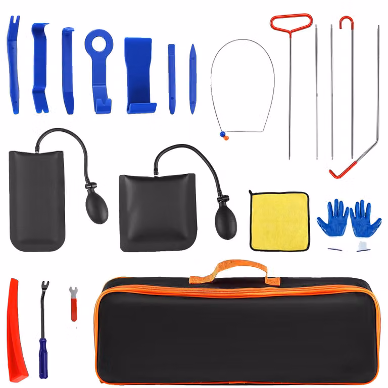 Set di attrezzi per auto, 25 pezzi, utensili in acciaio inossidabile per viaggi lunghi, cuneo pneumatico per carichi pesanti, borsa di trasporto in tessuto Oxford, punte in silicone