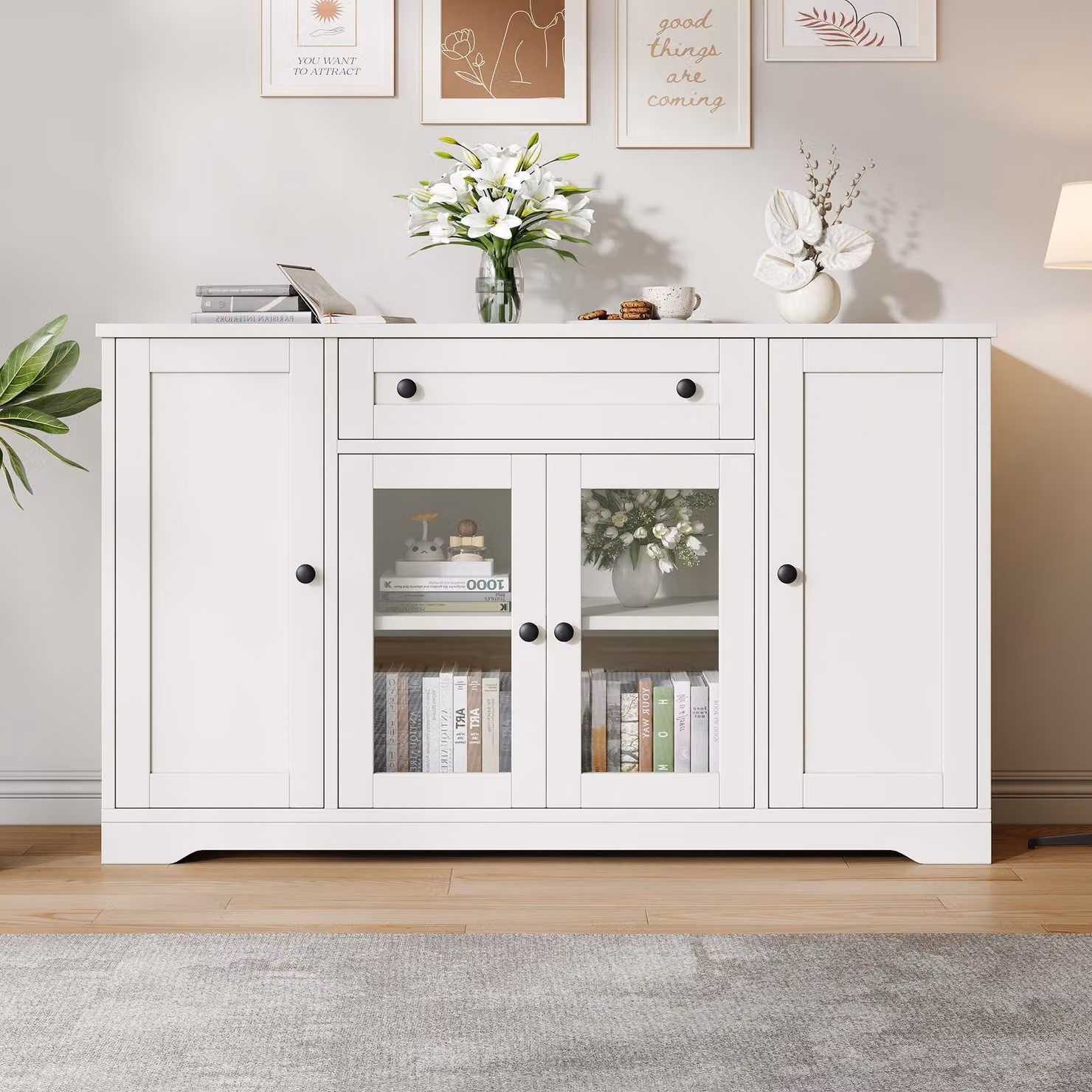 Mobile contenitore multifunzionale con cassetti e 2 ante in vetro, comò con maniglie arrotondate, ampio spazio di stoccaggio, design a 4 ante, colore bianco