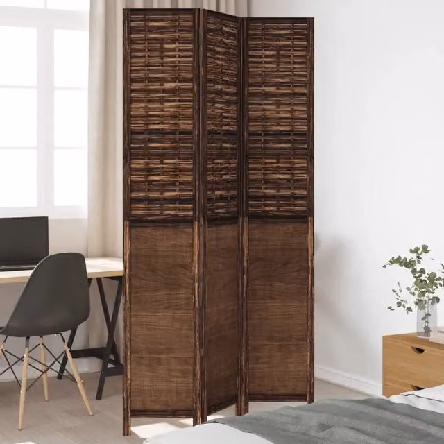 Divisorio Ambienti vidaXL a 3 Pannelli in Legno di Paulownia e Rattan Marrone Scuro