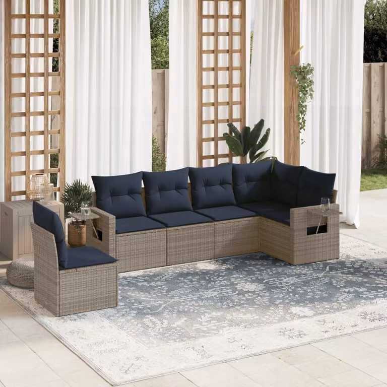 Set di divani da giardino vidaXL in polyrattan grigio con cuscini, componibile a forma di L per esterno