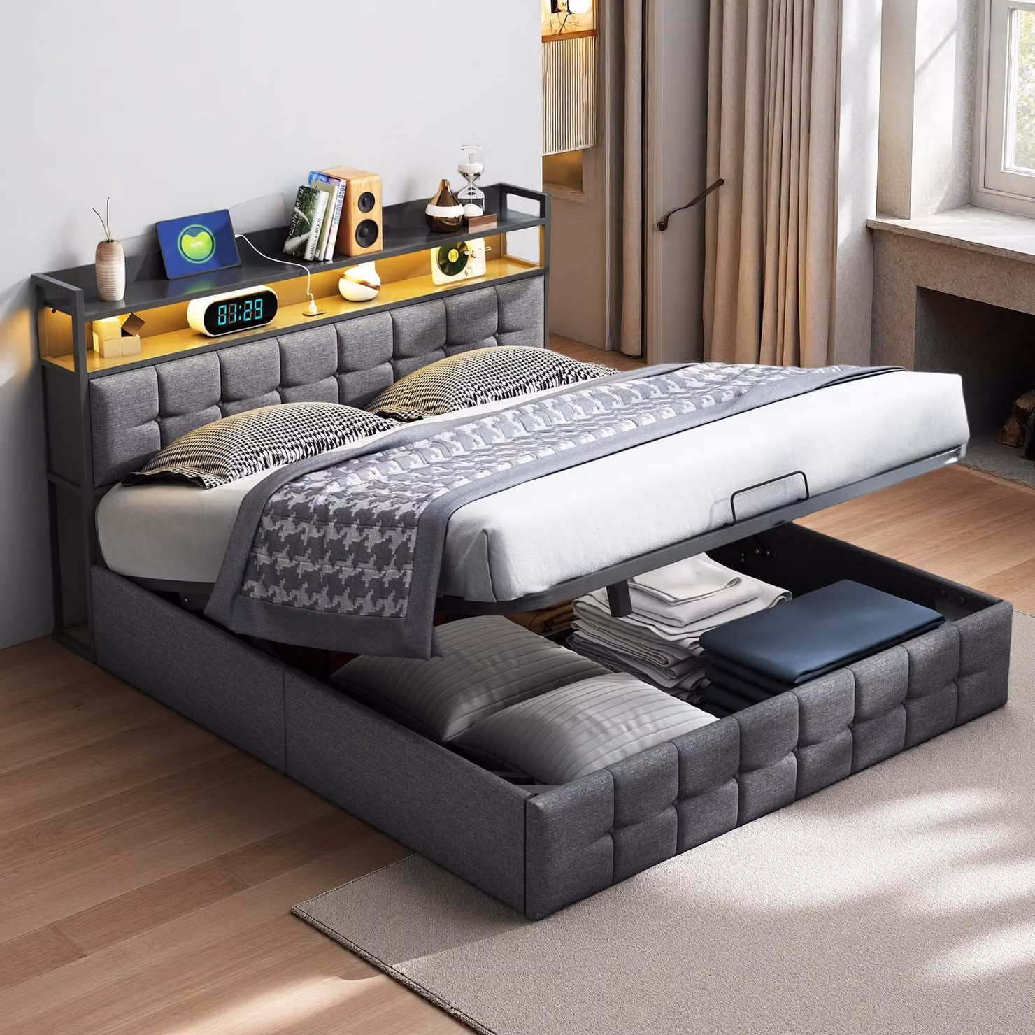 Letto imbottito ProximaX 160x200 cm con illuminazione a LED e connessione USB - Letto con molle a gas e ampio spazio di archiviazione - Design moderno, tessuto grigio, letto con rete a doghe