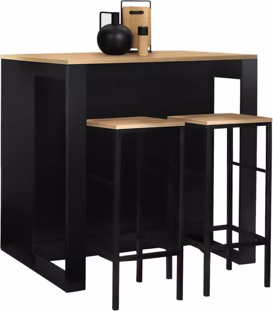 Set di tavoli da bar a isola JUNO IDMarket in legno nero con piano in faggio e 2 sgabelli DETROIT beige stile industrial – 1