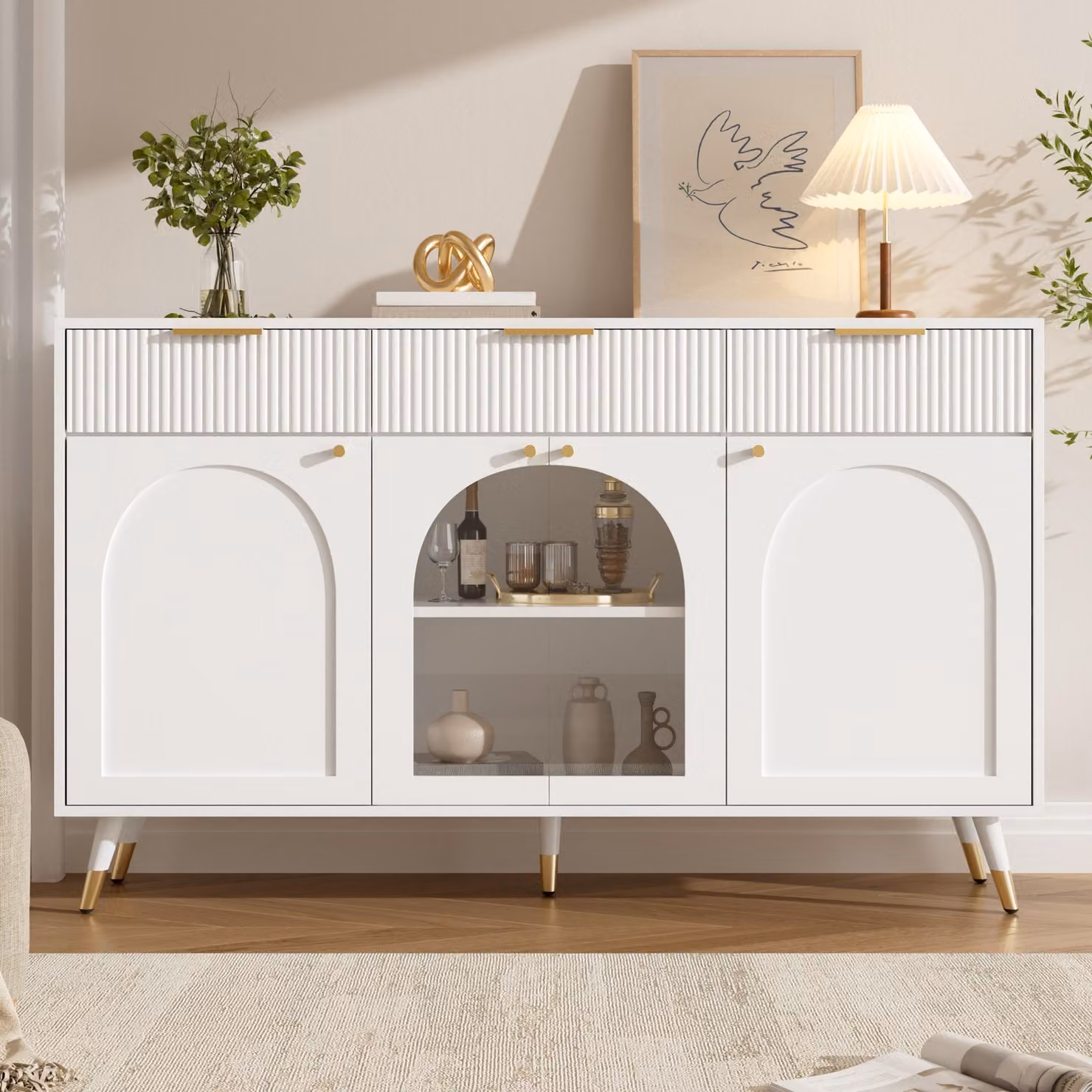 Mobile contenitore Flieks con 4 ante e 3 cassetti, armadio contenitore con ante in acrilico trasparente, maniglie in metallo e gambe in legno, colore bianco