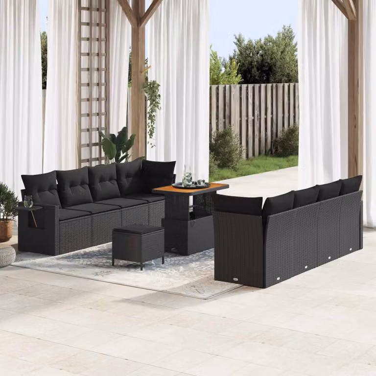 Set Divano da Giardino Moderno vidaXL in 11 Pezzi Nero con Cuscini e Tavolino da Esterno