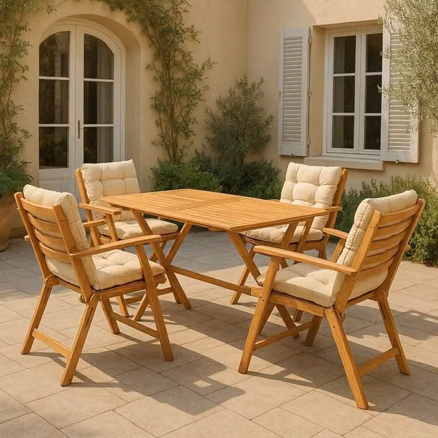 Set Salotto da Esterno Sangano DMORA con Tavolino da Giardino, 4 Posti, Legno Trattato, Marrone e Bianco – 1