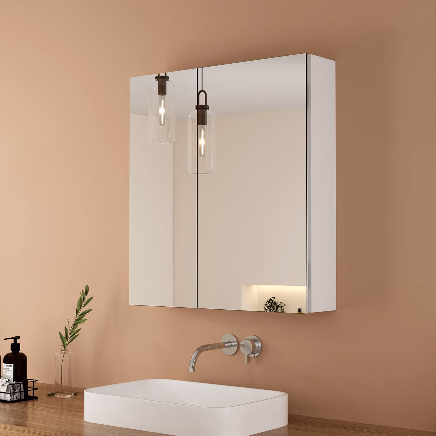 EMKE Armadio a specchio da bagno 600x650 mm, armadio da bagno in alluminio con 2 ante, montaggio a parete, bianco opaco, antiruggine e cerniere soft-close