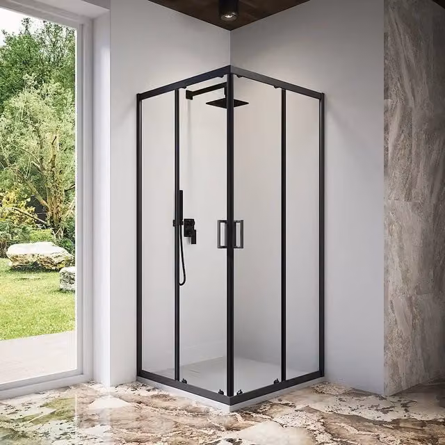Box doccia 80x80 cm angolare scorrevole profili nero opaco vetro 6mm trasparente h185 | Tonga